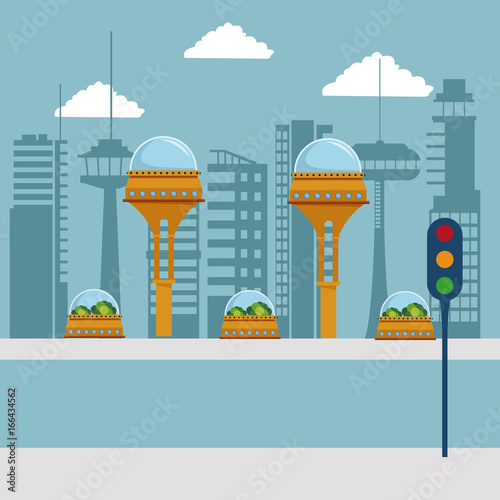 colorful scene futuristic city metropolis with traffic light in the street
