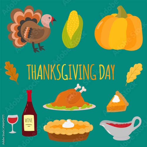 Happy thanksgiving day symbols design holiday objects fresh food harvest autu...