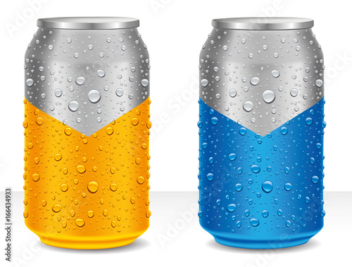 Aluminum Tin Cans in yellow and blue with many water drops