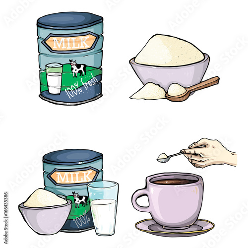 Vector set of cartoon illustration of milk powder in a closed aluminum can and poured into a bowl, a glass of prepared instant milk and the addition of milk powder into a cup of tea, coffee