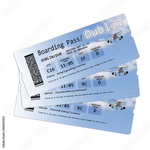 Canvas Print Airline boarding pass tickets to Dublin (Ireland - Europe) isolated on white