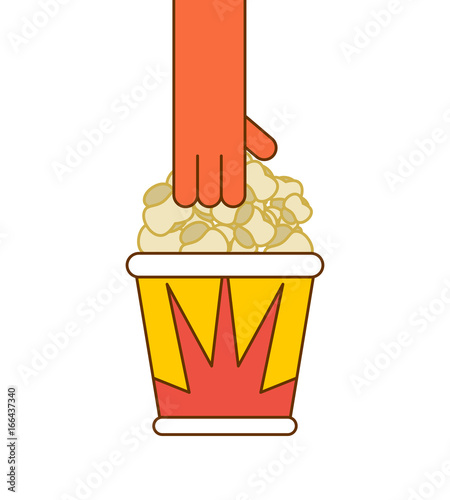 Popcorn and hand. Paper box popped corn