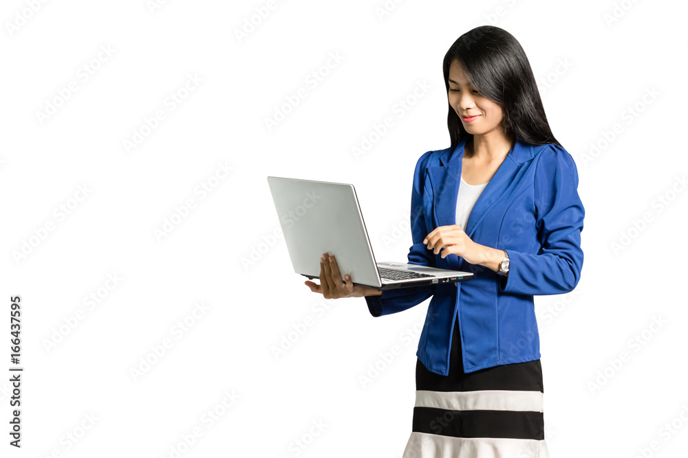 Portrait of a beautiful asian business woman with laptop. Isolated on white background with copy space and clipping path Portrait of a beautiful asian business woman with laptop. Isolated on white background with copy space and clipping path