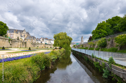 Walking on the narrow streets of Vannes in a gloomy day, viewing Ramparts Garden, Gaillard Castle, Saint Peters and Saint Paterne Cathedral, Commune Morbihan, Brittany in Northwestern France