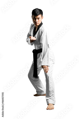 Portrait of an asian professional taekwondo black belt degree (Dan) preparing for fight. Isolated full length on white background with copy space and clipping path