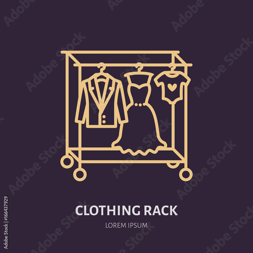 Wedding dress, men suit, kids clothes on hanger icon, clothing rack line logo. Flat sign for apparel collection. Logotype for laundry shop, dry cleaning, retail store.