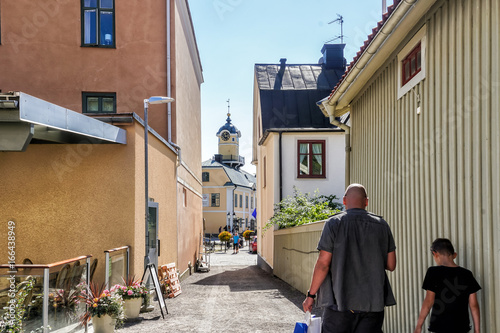 Walk on an alley in Soderkoping, Sweden, towards the town hall