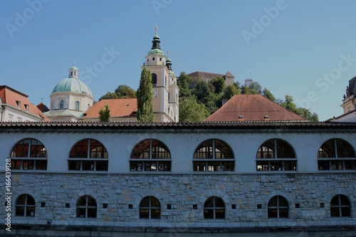 Markthallte mit Dom St. Nikolaus in Ljubljana, Slowenien