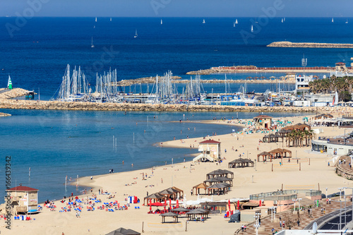 Panoramic view of the Tel-Aviv beach and marina on Mediterranean sea. Israel