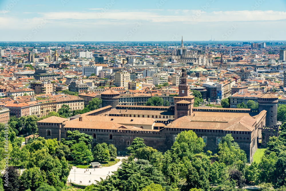 Aerial view from the Branca Tower (Torre Branca) of the Sforza Castle (Castello Sforzesco) and cityscape of Milan, Italy