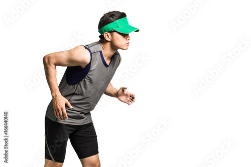 Portrait of an asian sport man wearing sportwear and green visor for running. Isolated full length on white background with copy space