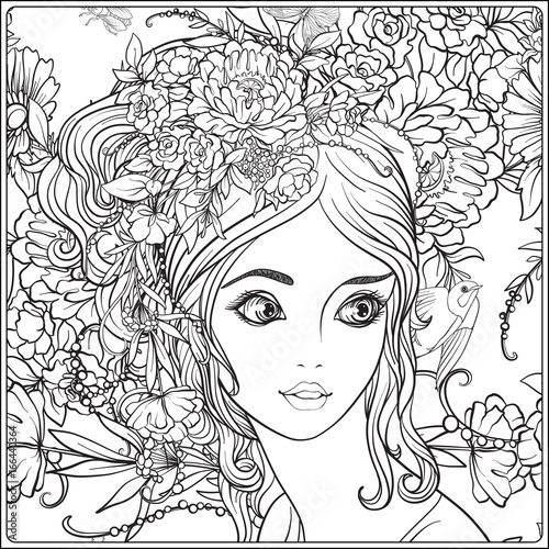 A young beautiful girl with a wreath of flowers on her head. Against the background of a flower pattern. Outline hand drawing coloring page for adult coloring book.