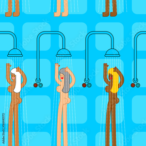 Public bathhouse pattern. woman in shower washes ornment. Beautiful female in bath. Gym shower room background