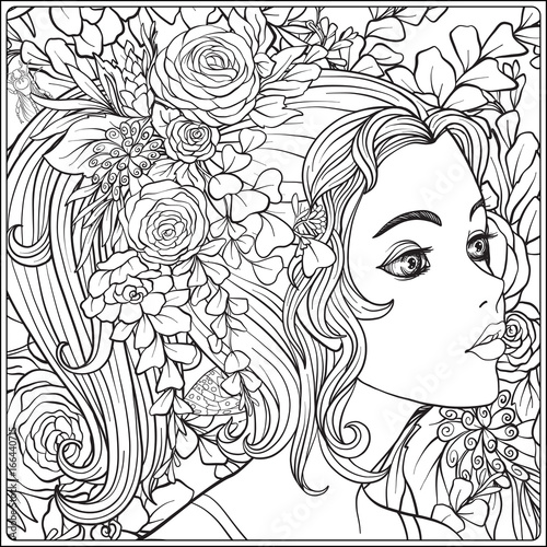 A young beautiful girl with a wreath of flowers on her head. Against the background of a flower pattern. Outline hand drawing coloring page for adult coloring book.