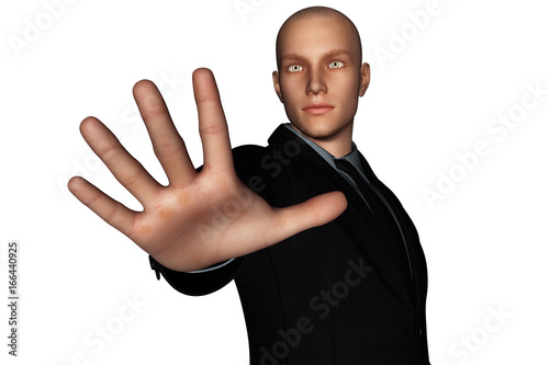 3d rendering of businessman reaching hand forward isolated on white background