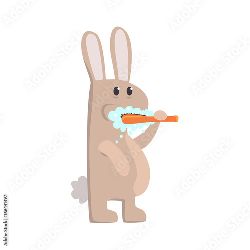 Cute cartoon bunny brushing teeth with tooth brush and paste colorful character, animal grooming vector Illustration