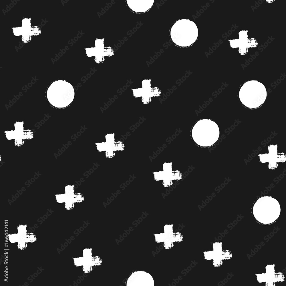 Fototapeta premium Repeated crosses and circles drawn with a brush. Seamless pattern. Grunge, graffiti, ink, sketch, watercolor. White shapes on a black background.