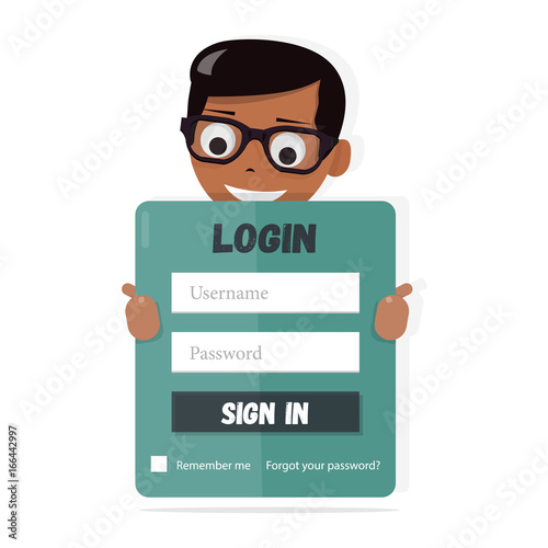 Login form for kids website. Elements of web design for kindergarten, schools and colleges. Happy boy holding up a sign.
