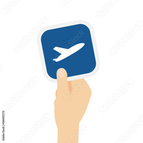 Hand hält Bierdeckel mit Flugzeug Abflug