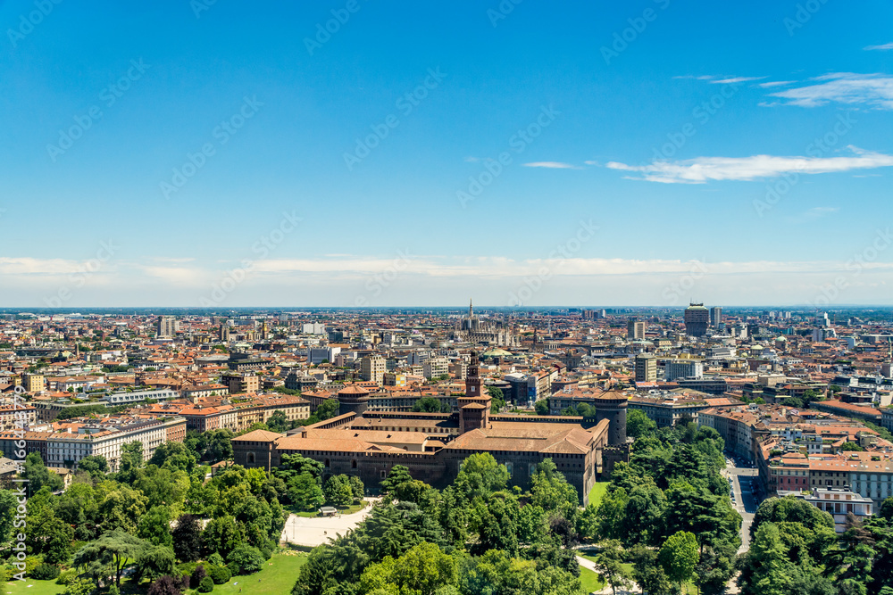 Cityscape of Milan, view from the Branca Tower (Torre Branca), including the Sforza Castle (Castello Sforzesco), Italy