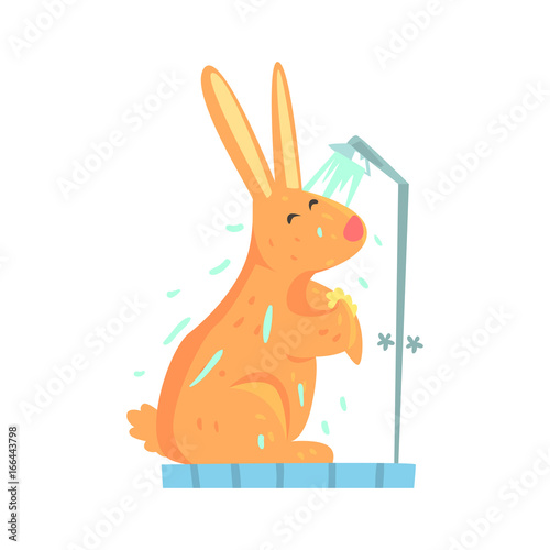 Cute cartoon bunny rubbing himself a foam sponge bath while standing in shower cabin colorful character, animal grooming vector Illustration