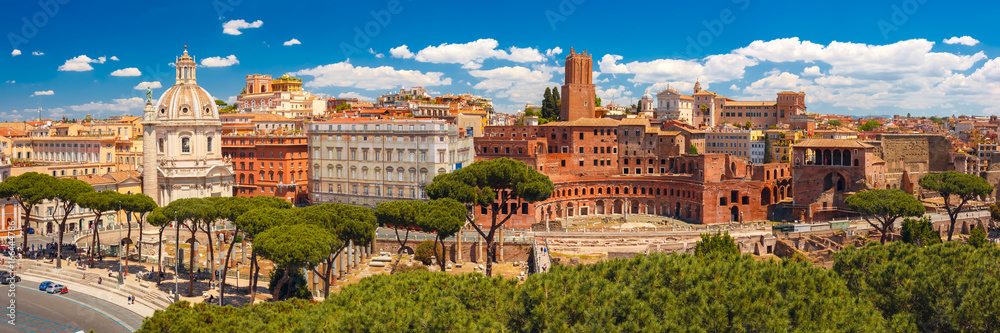 Panoramic view with ancient ruins of Trajan Forum, Market, Trajan Column and church Most Holy Name of Mary in sunny day, Rome, Italy