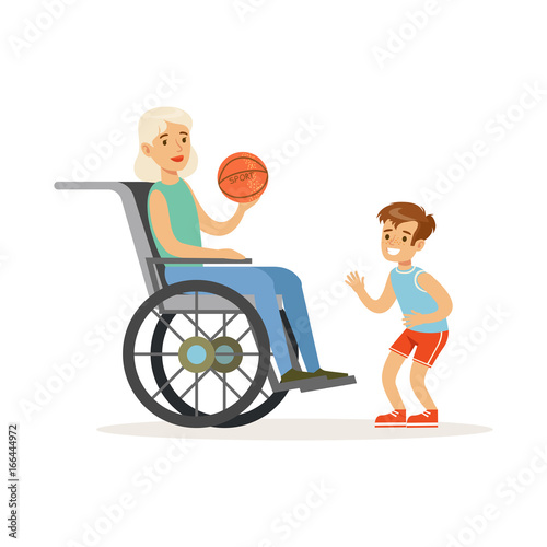 Boy playing ball with grandmother sitting in a wheelchair colorful vector Illustration © topvectors