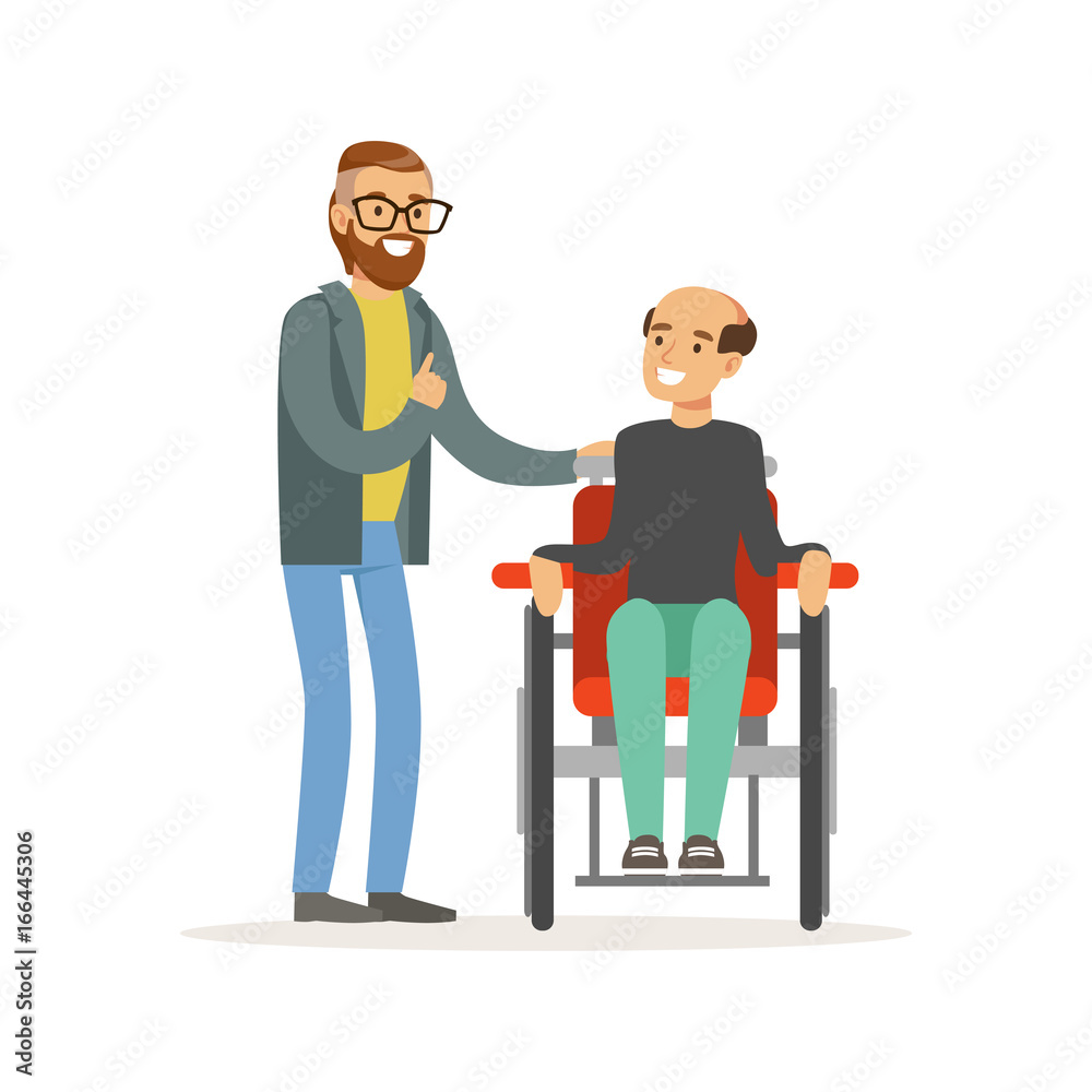 Meeting of friends, two men talking, one disabled man sitting in a wheelchair, healthcare assistance and accessibility colorful vector Illustration