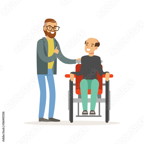 Meeting of friends, two men talking, one disabled man sitting in a wheelchair, healthcare assistance and accessibility colorful vector Illustration
