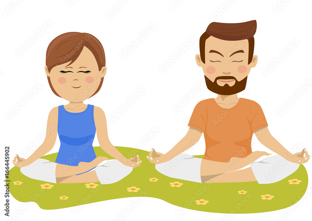 Fitness, sport and people concept - couple making yoga exercises outdoors Fitness, sport and people concept - couple making yoga exercises outdoors