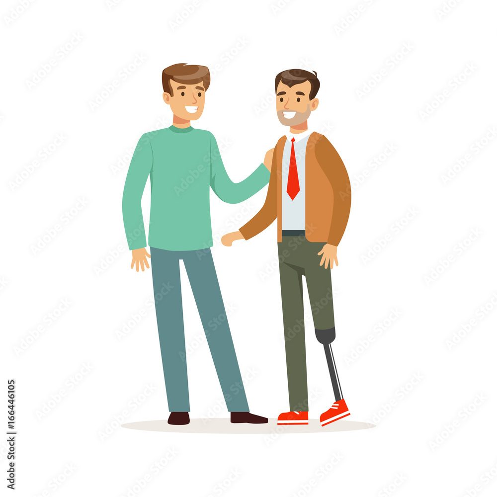 Meeting of friends, two men talking, one man with leg prosthesis, healthcare assistance and accessibility colorful vector Illustration Meeting of friends, two men talking, one man with leg prosthesis, healthcare assistance and accessibility colorful vector Illustration