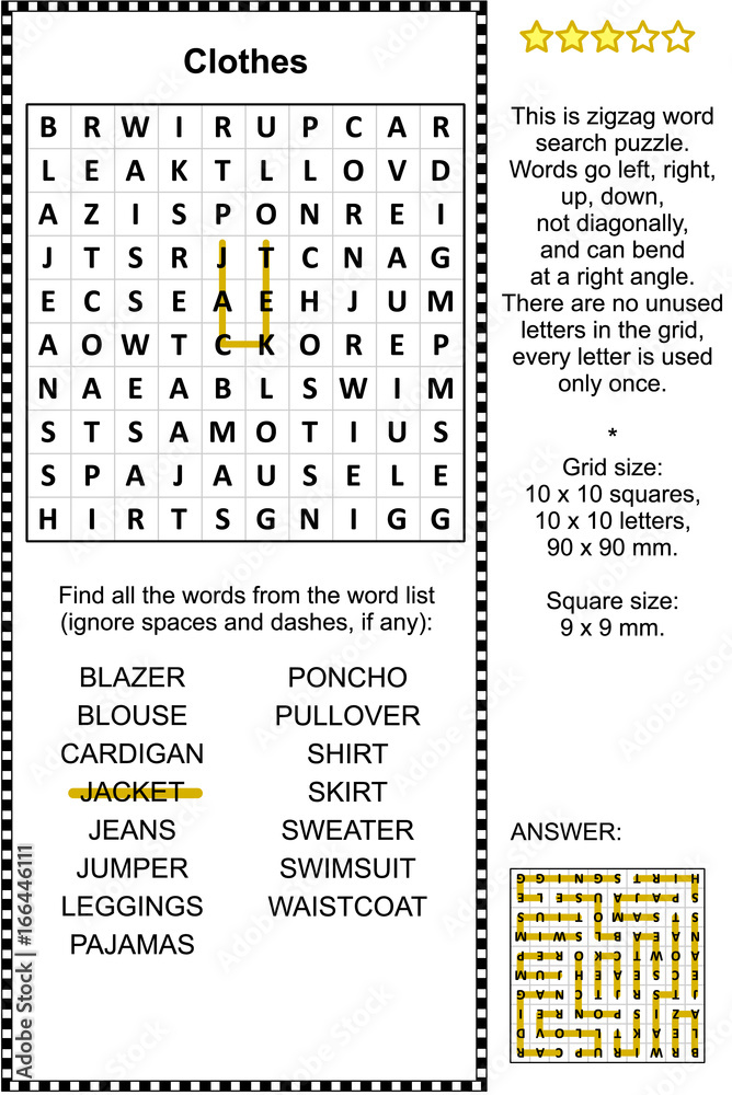 Clothes themed zigzag word search puzzle (suitable both for kids and  adults). Answer included. Stock Vector | Adobe Stock