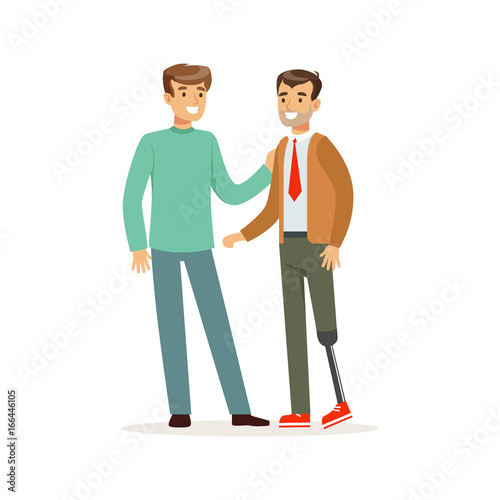 Meeting of friends, two men talking, one man with leg prosthesis, healthcare assistance and accessibility colorful vector Illustration