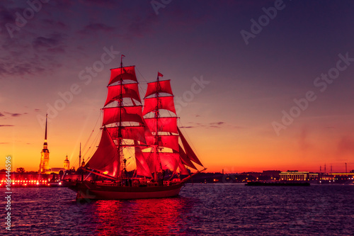 Ship with scarlet sails in the river Neva.