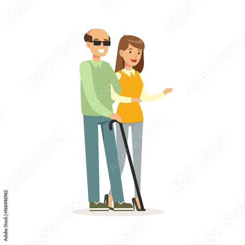 Smiling female volunteer helping and supporting blind man, healthcare assistance and accessibility colorful vector Illustration