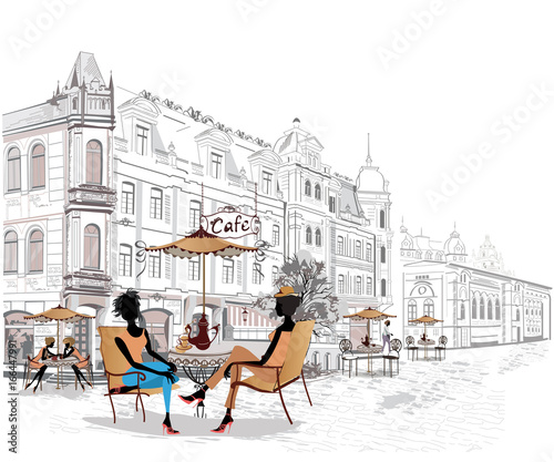 Fashion people in the street cafe. Street cafe with flowers in the old city. Hand drawn illustration.