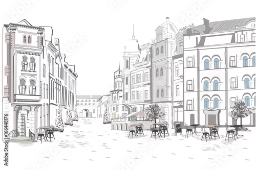 Obraz Seria widoków ulicznych na starym mieście. Ręcznie rysowane tła architektoniczne z zabytkowych budynków.