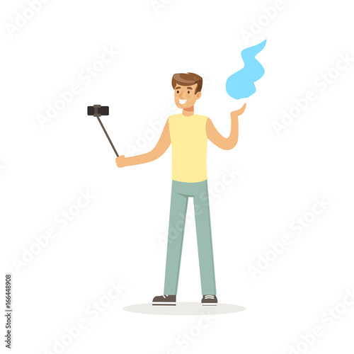 Young man in casual clothes making selfie with a selfie stick while dancing Indian dance colorful character vector Illustration