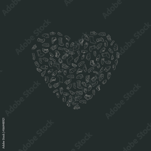 Kids shoes, set, collection of fashion footwear, poster in shape of heart. Baby, girl, boy, child, childhood. Vector design isolated illustration. Chalk outlines, dark background.