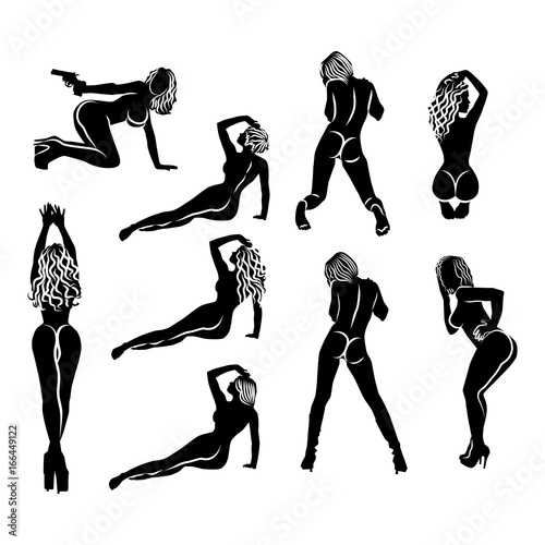 Obraz na plátně A large set of nine simple black and white silhouettes of sexy girls in different poses