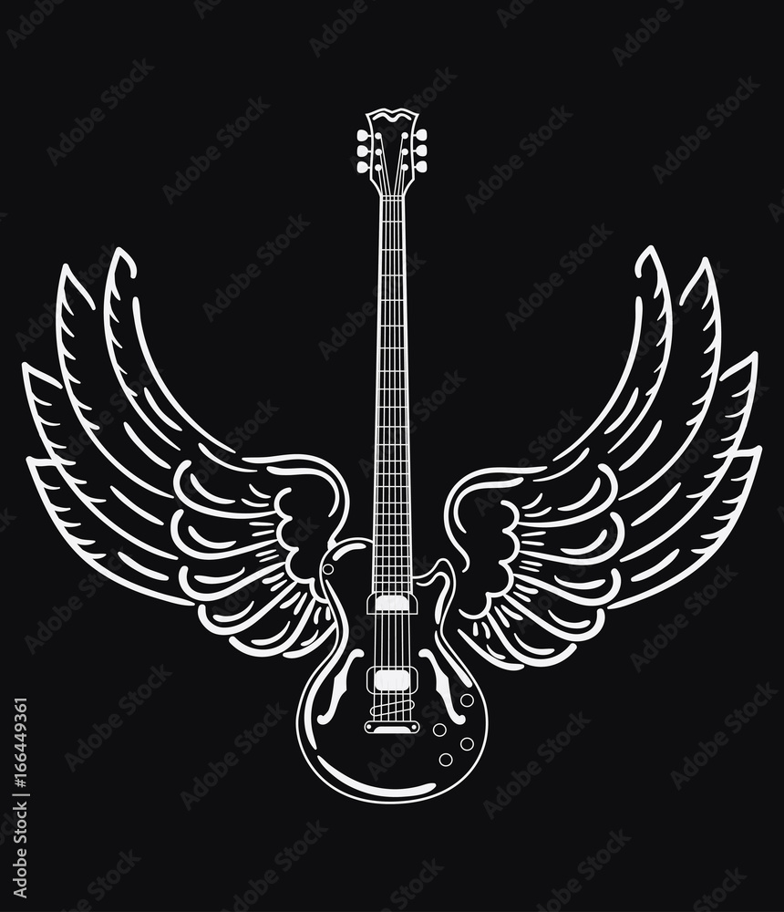 Electric guitar with wings. Stylized electric guitar with angel wings.  Black and white illustration of a musical instrument. Rock concert. Musical  emblem. Tattoo. Stock Vector | Adobe Stock