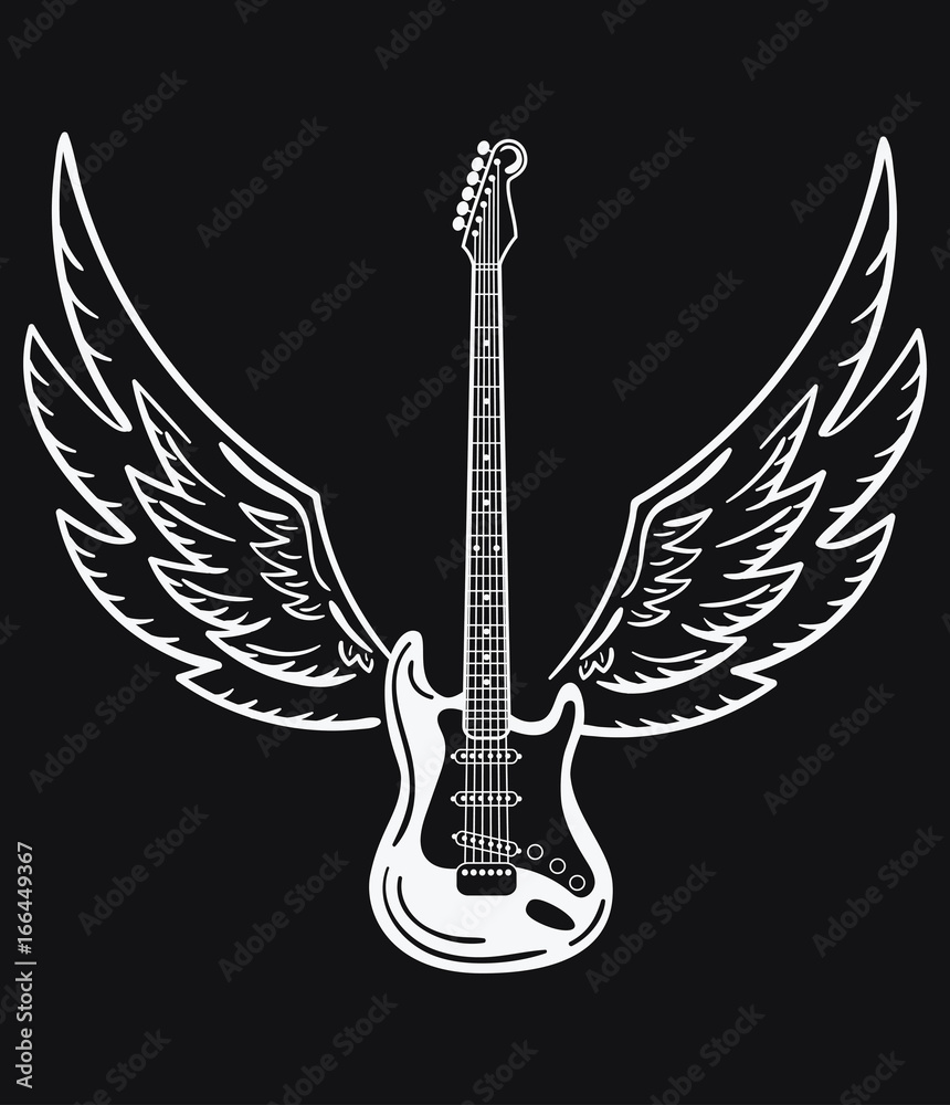 Electric guitar with wings. Stylized electric guitar with angel wings