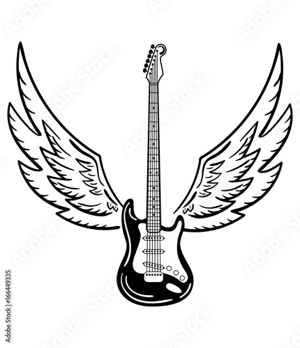 Electric guitar with wings. Stylized electric guitar with angel wings. Black and white illustration of a musical instrument. Rock concert. Musical emblem. Tattoo.
