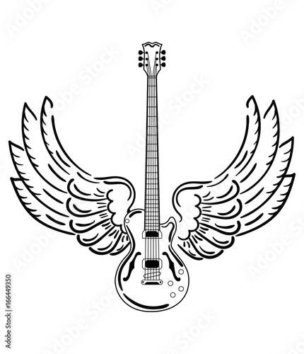 Electric guitar with wings. Stylized electric guitar with angel wings. Black and white illustration of a musical instrument. Rock concert. Musical emblem. Tattoo.