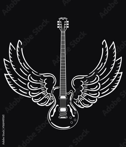 Electric guitar with wings. Stylized electric guitar with angel wings. Black and white illustration of a musical instrument. Rock concert. Musical emblem. Tattoo.