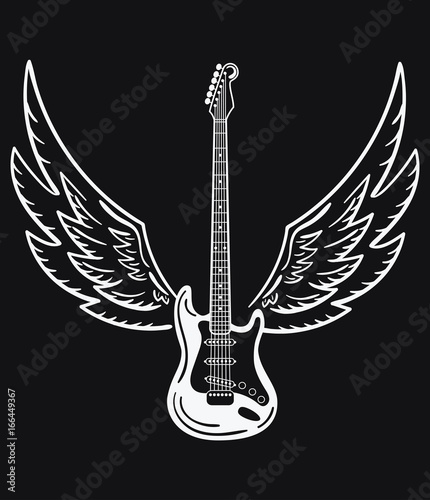 Electric guitar with wings. Stylized electric guitar with angel wings. Black and white illustration of a musical instrument. Rock concert. Musical emblem. Tattoo.