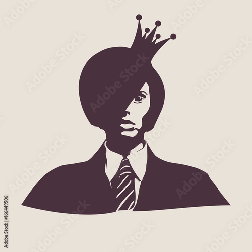 Face front view. Elegant silhouette of a female head. Vector Illustration. Short hair. Monochrome gamma. Business woman. Medieval queen crown