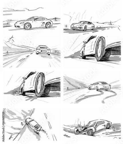 Car driving through the road. Car crash. Accident. Vector sketch illustration for advertise, insurance company, storyboard, projects