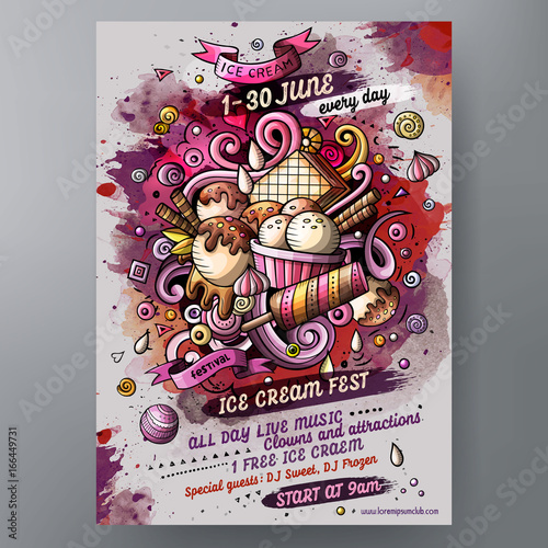 Cartoon hand drawn watercolor doodles Ice cream poster design