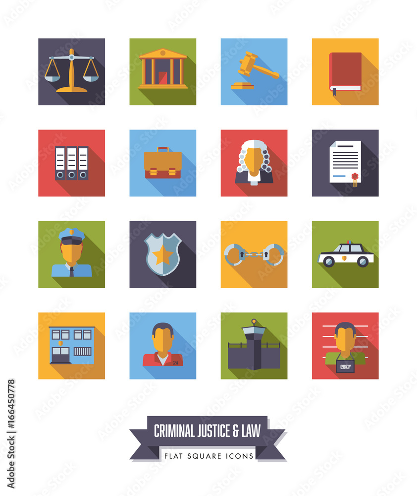 Law and criminal justice flat design long shadow icon set Law and criminal justice flat design long shadow icon set